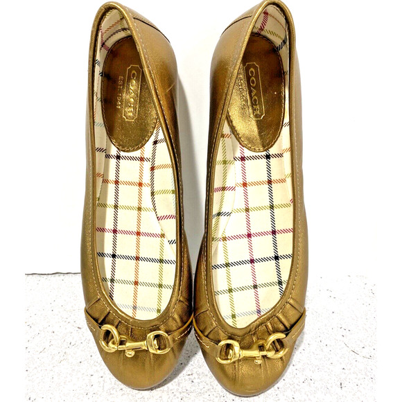 Coach Leona Ballet Flats Golden Metallic Leather Slip On Shoes Horse Bit US 6.5B